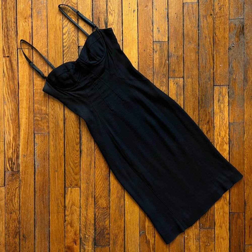 Vintage 90s Dolce & Gabbana Women Black Wire Corset Top Midi Length Pencil Dress